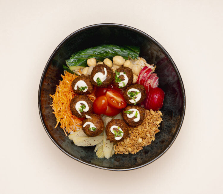 traiteur-libanais-pessac-bowl-falafel assiette à emporter bowl falafel : falafels, riz ou salade, crudites
